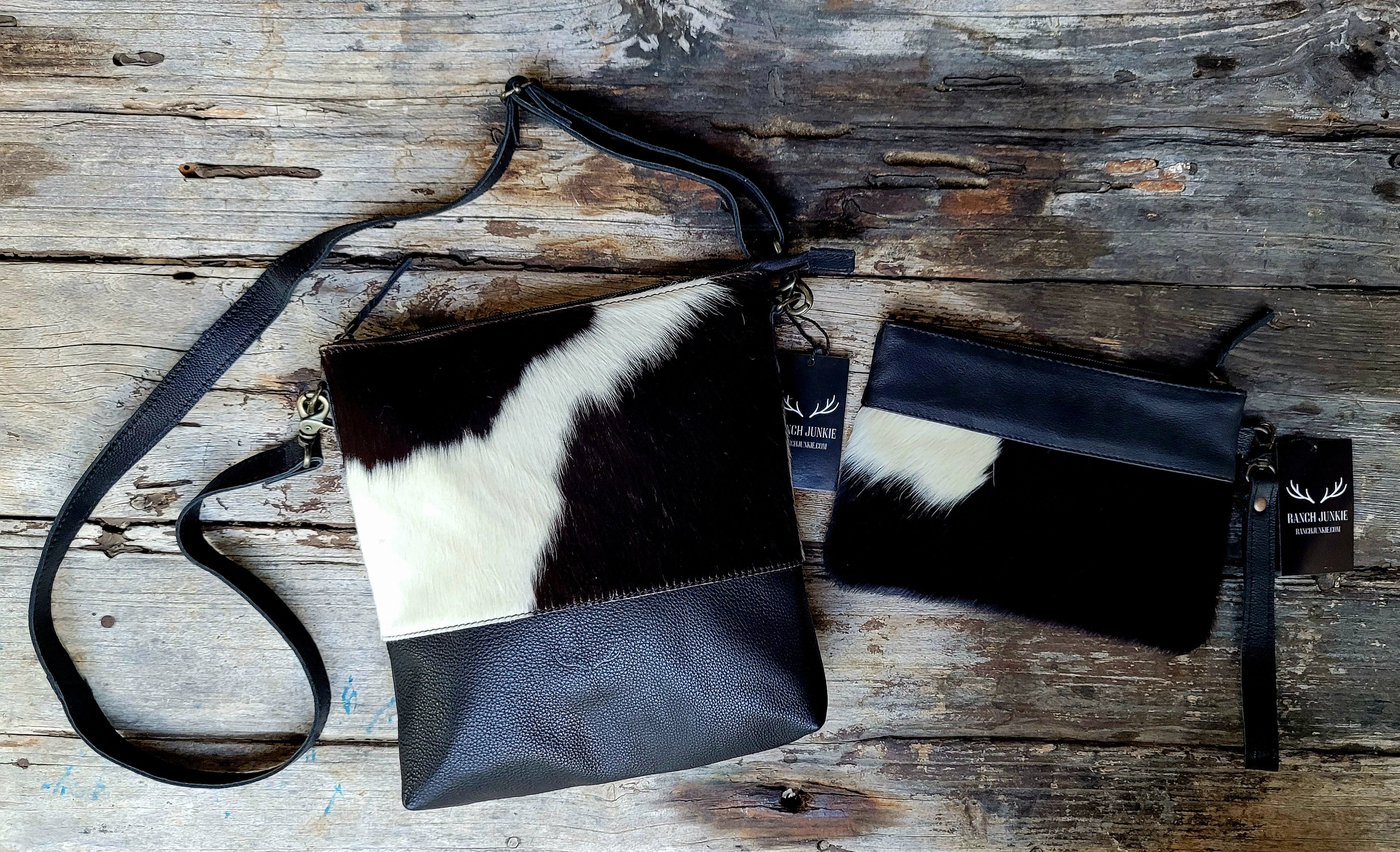 Bundle Deal -The Highlands Black Genuine Cowhide Large Crossbody Bag + Black Wristlet Clutch - Ranch Junkie Mercantile LLC